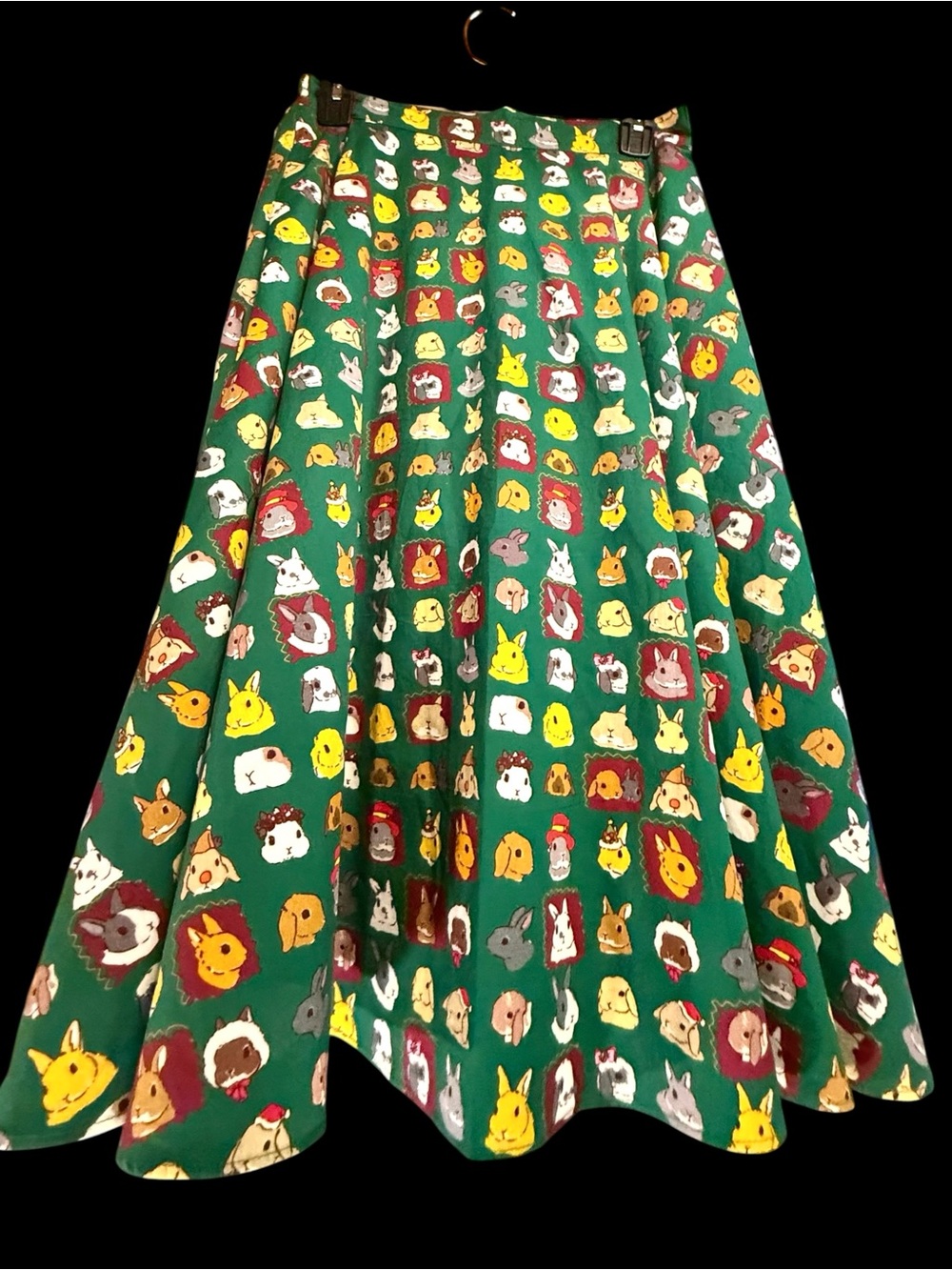 Tulip B Green Yellow Bunny Rabbit Print Midi Circle Skirt Lined Pockets NWT